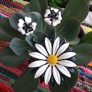 Vintage Black White Enamel Flower Brooch Earrings